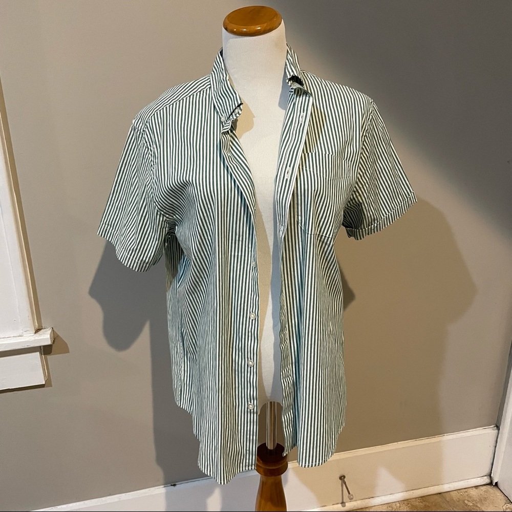 Green and white striped short sleeve button down